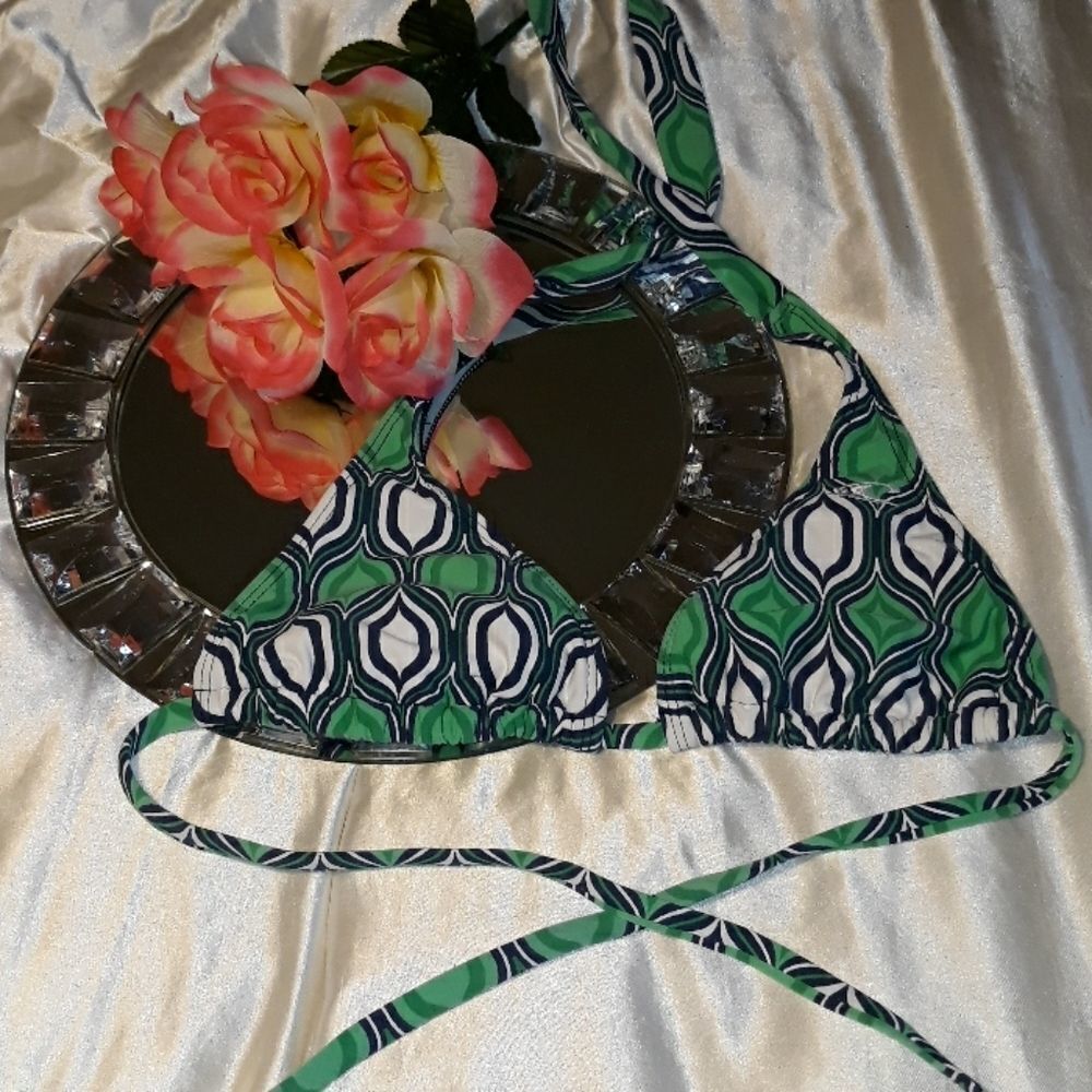 Geometric Green, Blue, and White Bikini Top